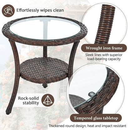 3-Piece Outdoor Patio Rattan Conversation Leisure Chairs Set with 2 Chair and Glass Coffee Table