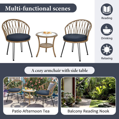 3-Piece Outdoor Patio Rattan Conversation Leisure Chairs Set with 2 Chair and Glass Coffee Table