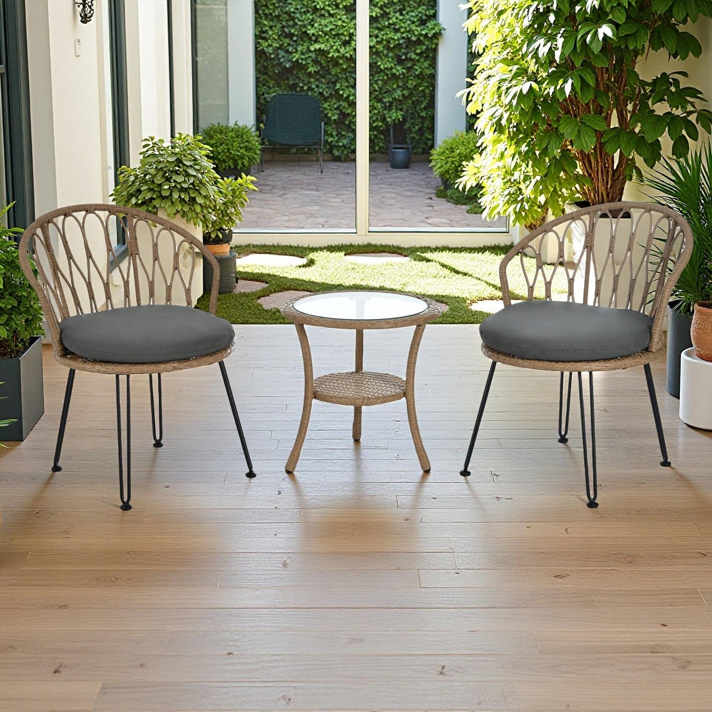 3-Piece Outdoor Patio Rattan Conversation Leisure Chairs Set with 2 Chair and Glass Coffee Table