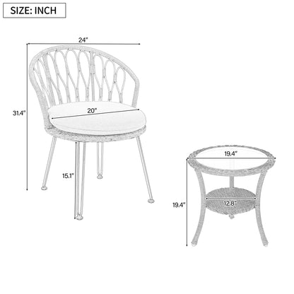 3-Piece Outdoor Patio Rattan Conversation Leisure Chairs Set with 2 Chair and Glass Coffee Table