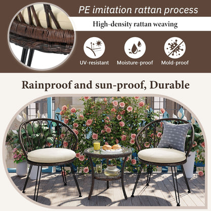 3-Piece Outdoor Patio Rattan Conversation Leisure Chairs Set with 2 Chair and Glass Coffee Table