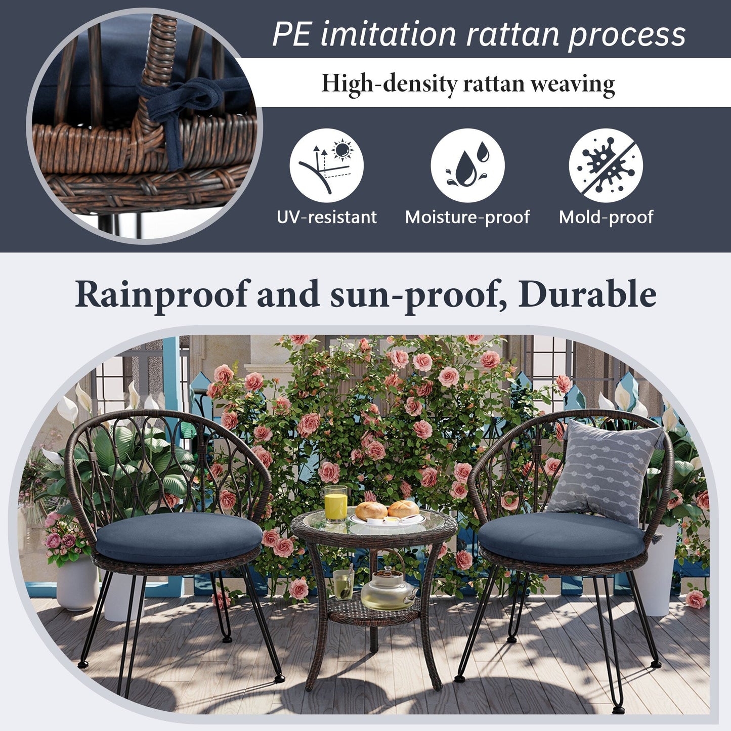 3-Piece Outdoor Patio Rattan Conversation Leisure Chairs Set with 2 Chair and Glass Coffee Table