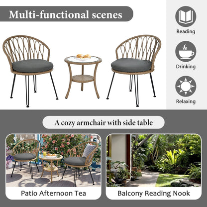 3-Piece Outdoor Patio Rattan Conversation Leisure Chairs Set with 2 Chair and Glass Coffee Table