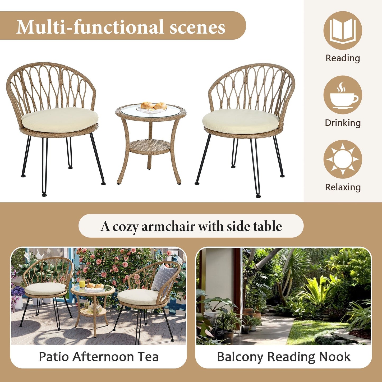 3-Piece Outdoor Patio Rattan Conversation Leisure Chairs Set with 2 Chair and Glass Coffee Table