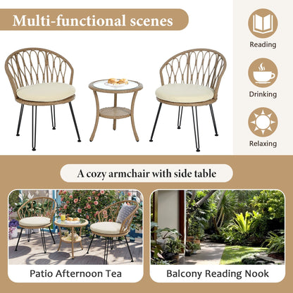 3-Piece Outdoor Patio Rattan Conversation Leisure Chairs Set with 2 Chair and Glass Coffee Table
