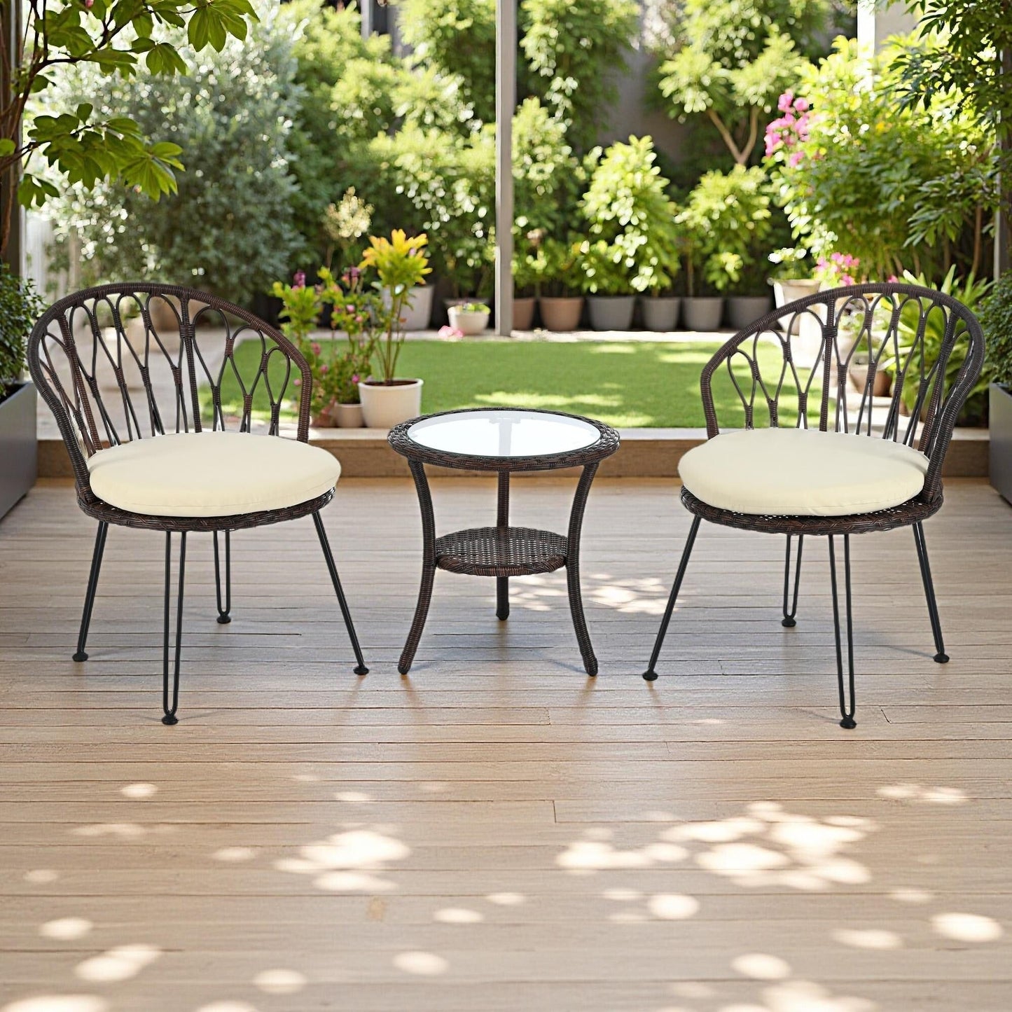 3-Piece Outdoor Patio Rattan Conversation Leisure Chairs Set with 2 Chair and Glass Coffee Table