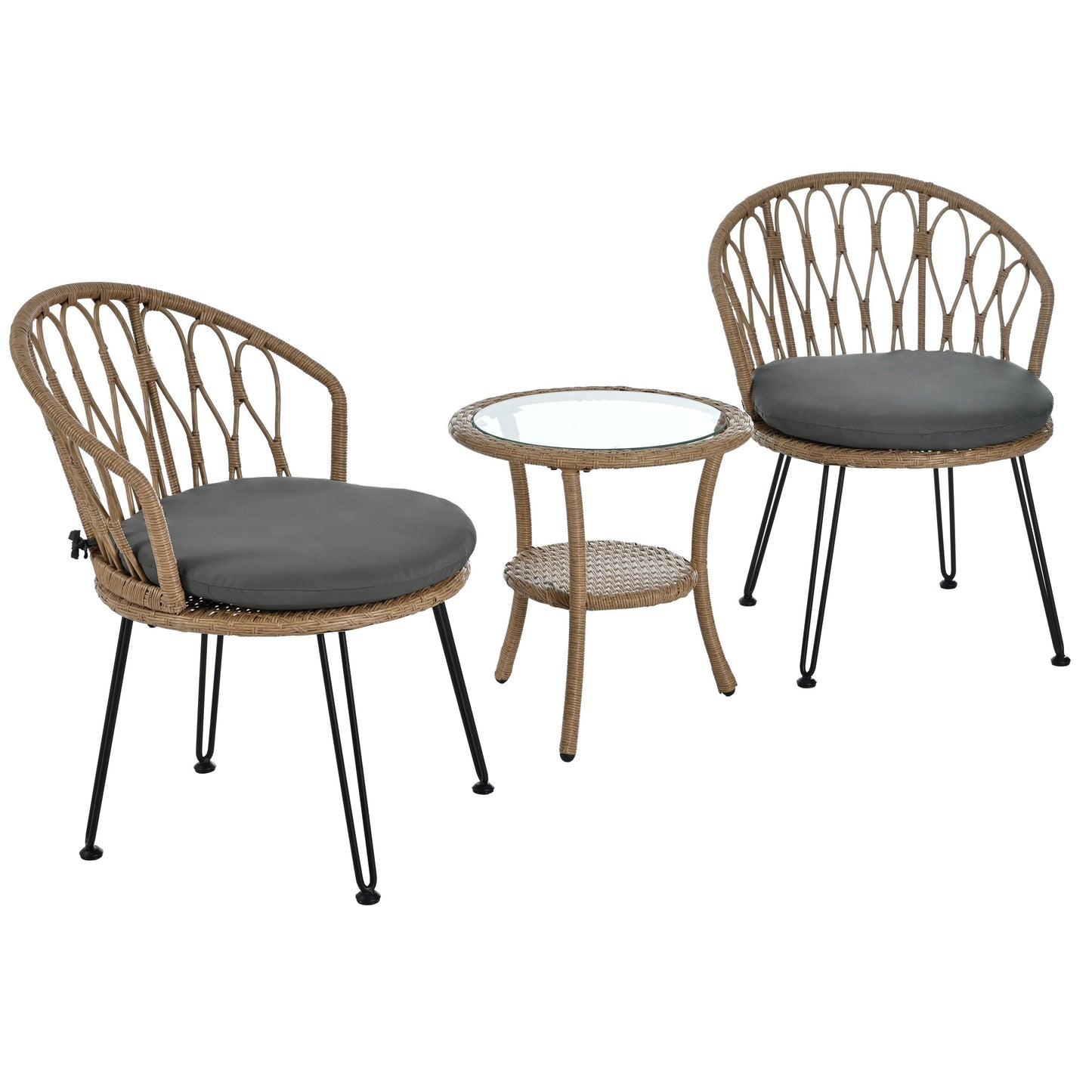 3-Piece Outdoor Patio Rattan Conversation Leisure Chairs Set with 2 Chair and Glass Coffee Table