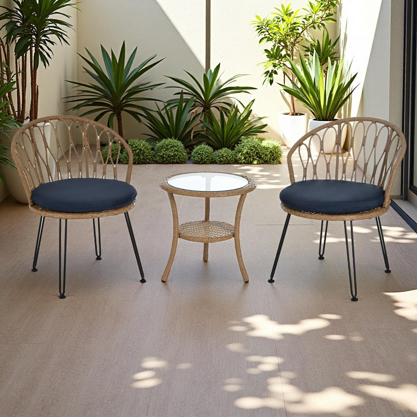 3-Piece Outdoor Patio Rattan Conversation Leisure Chairs Set with 2 Chair and Glass Coffee Table