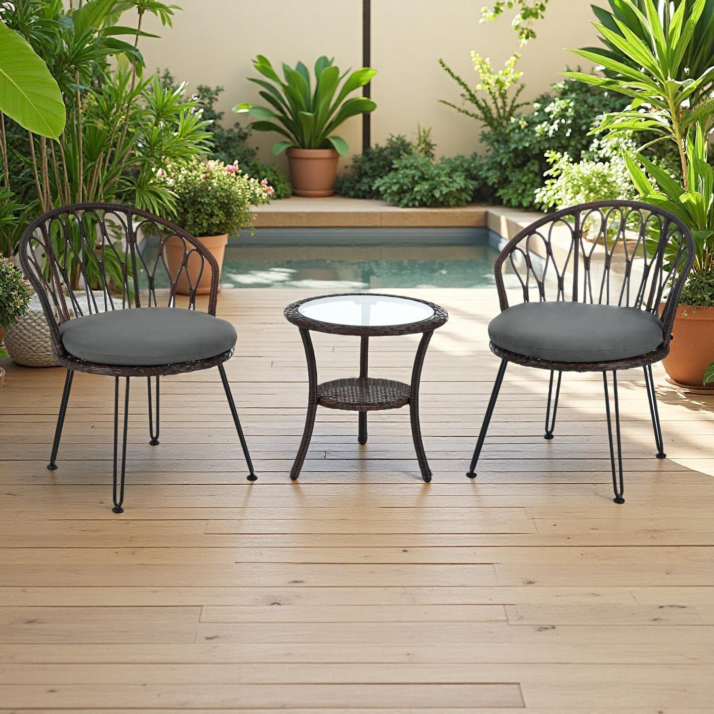 3-Piece Outdoor Patio Rattan Conversation Leisure Chairs Set with 2 Chair and Glass Coffee Table