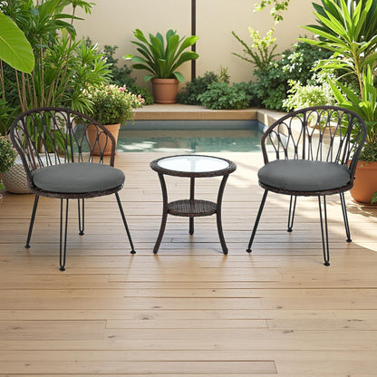3-Piece Outdoor Patio Rattan Conversation Leisure Chairs Set with 2 Chair and Glass Coffee Table