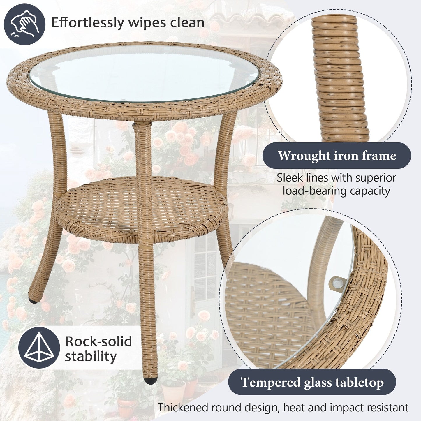 3-Piece Outdoor Patio Rattan Conversation Leisure Chairs Set with 2 Chair and Glass Coffee Table