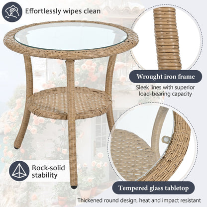 3-Piece Outdoor Patio Rattan Conversation Leisure Chairs Set with 2 Chair and Glass Coffee Table