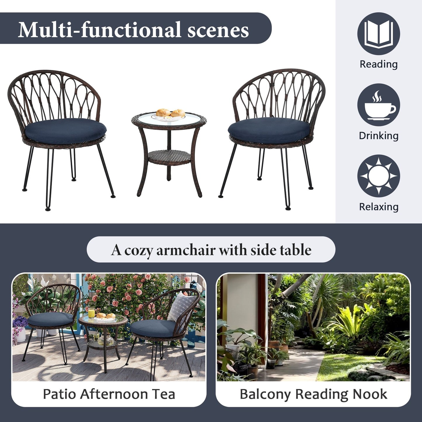 3-Piece Outdoor Patio Rattan Conversation Leisure Chairs Set with 2 Chair and Glass Coffee Table
