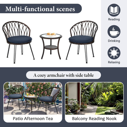 3-Piece Outdoor Patio Rattan Conversation Leisure Chairs Set with 2 Chair and Glass Coffee Table