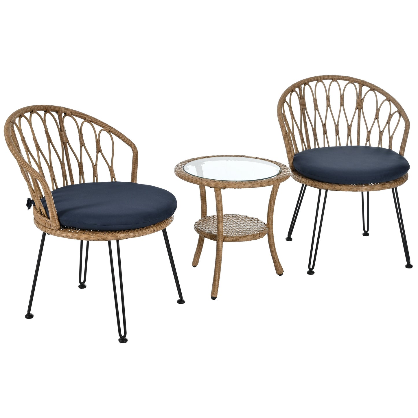 3-Piece Outdoor Patio Rattan Conversation Leisure Chairs Set with 2 Chair and Glass Coffee Table