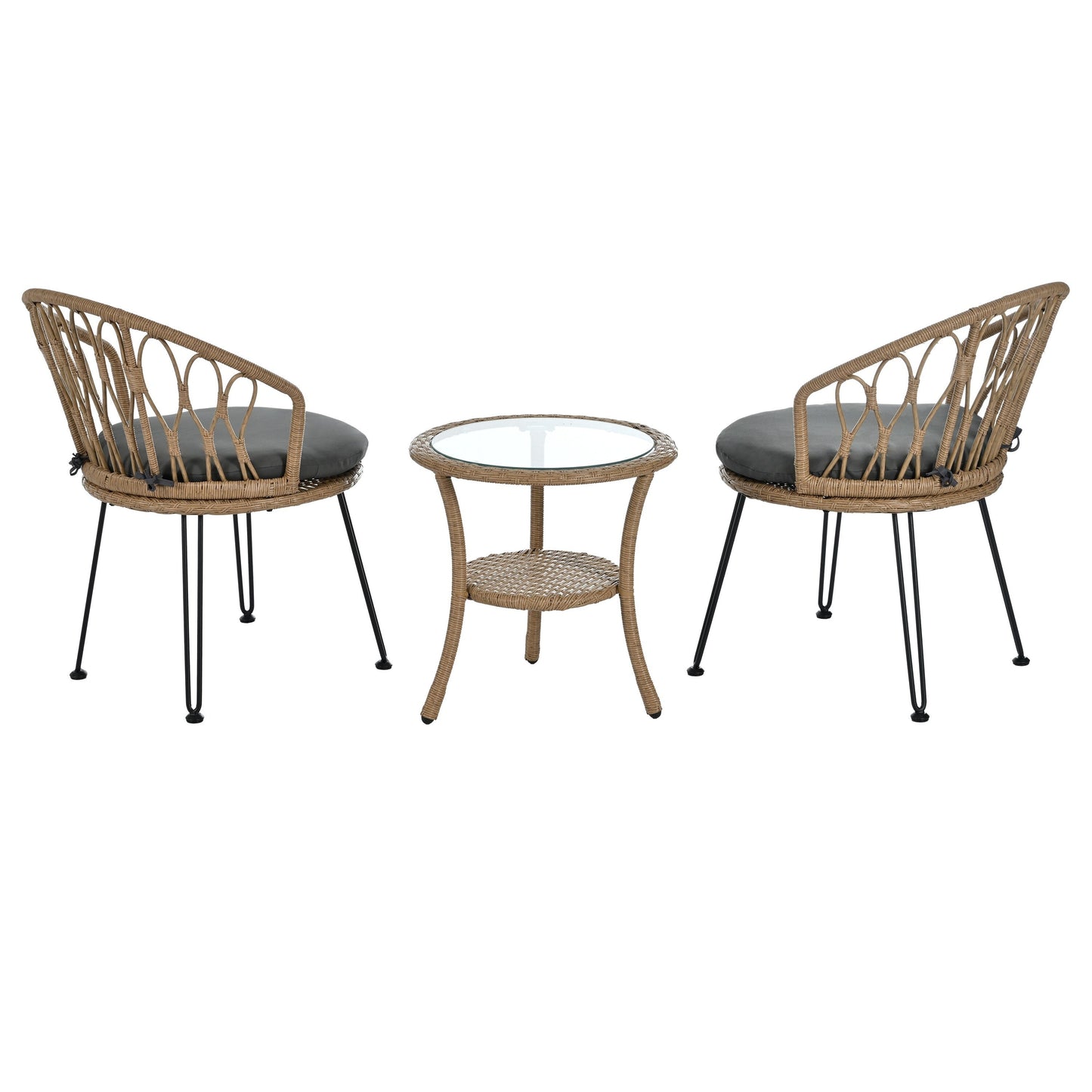3-Piece Outdoor Patio Rattan Conversation Leisure Chairs Set with 2 Chair and Glass Coffee Table