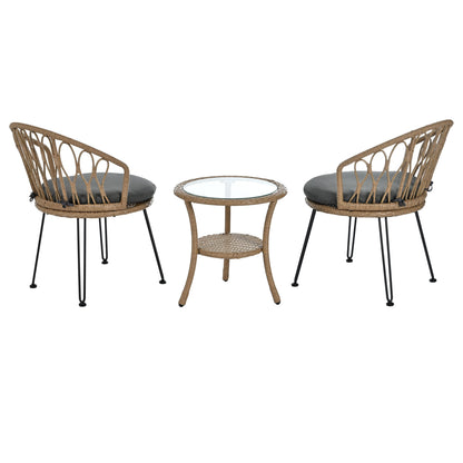 3-Piece Outdoor Patio Rattan Conversation Leisure Chairs Set with 2 Chair and Glass Coffee Table