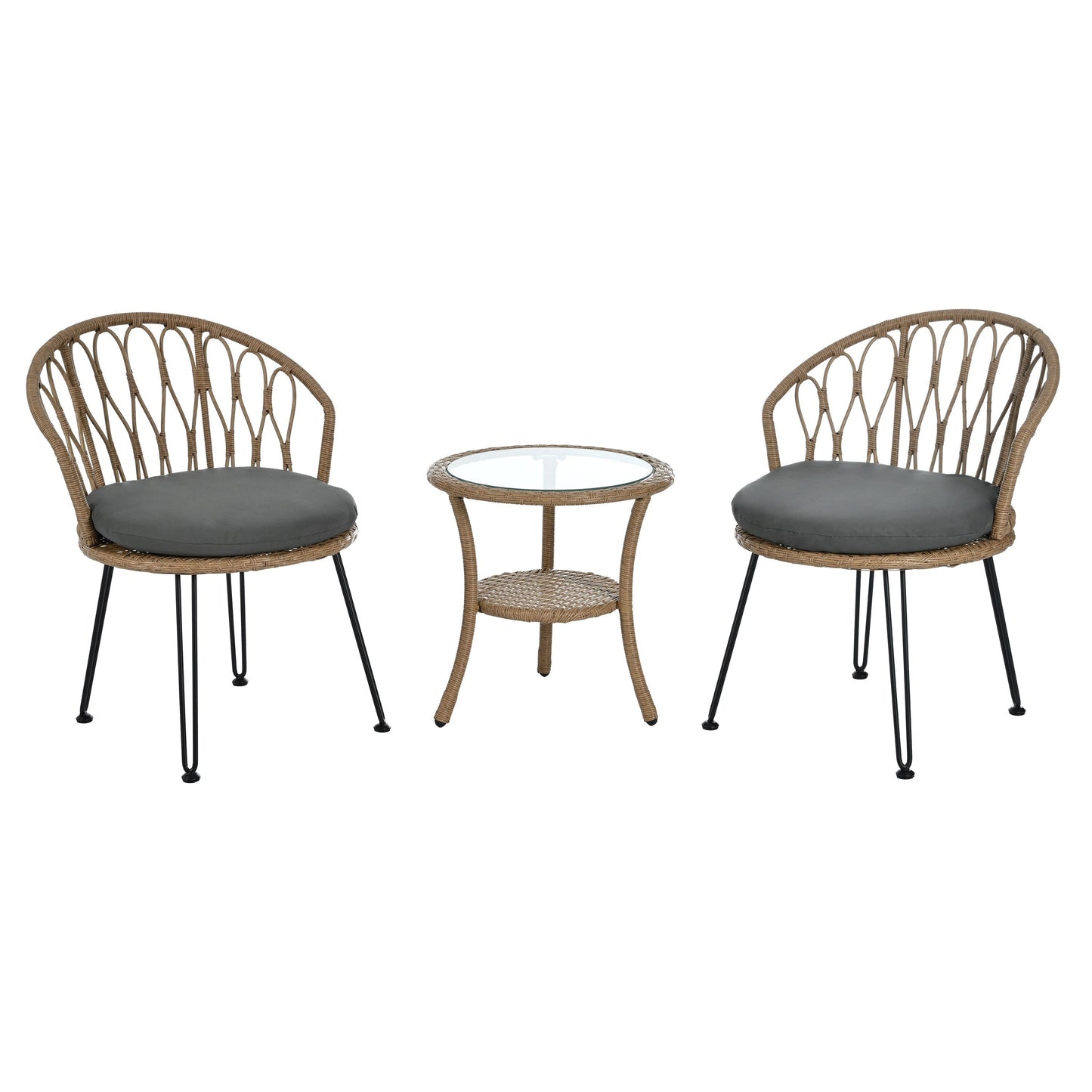 3-Piece Outdoor Patio Rattan Conversation Leisure Chairs Set with 2 Chair and Glass Coffee Table