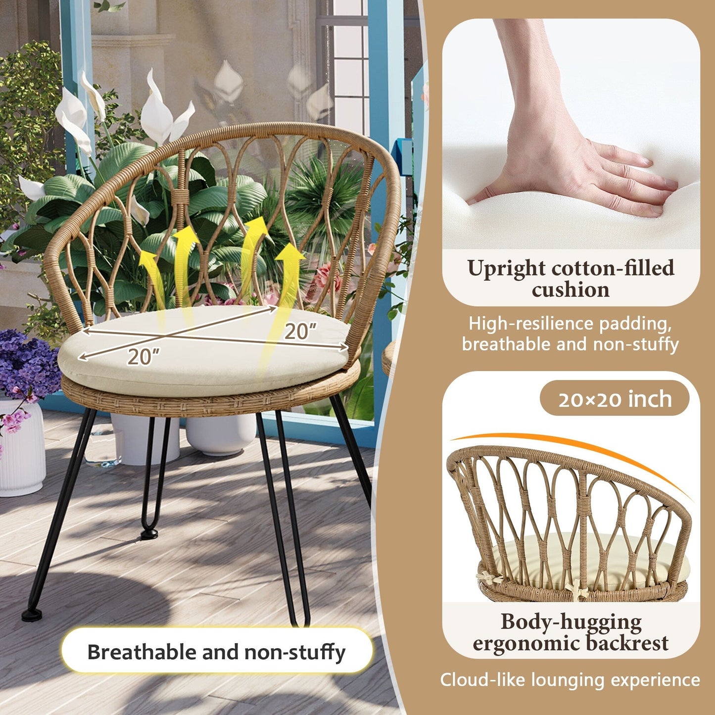 3-Piece Outdoor Patio Rattan Conversation Leisure Chairs Set with 2 Chair and Glass Coffee Table