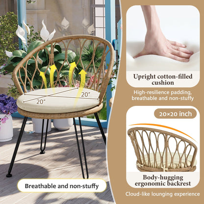 3-Piece Outdoor Patio Rattan Conversation Leisure Chairs Set with 2 Chair and Glass Coffee Table