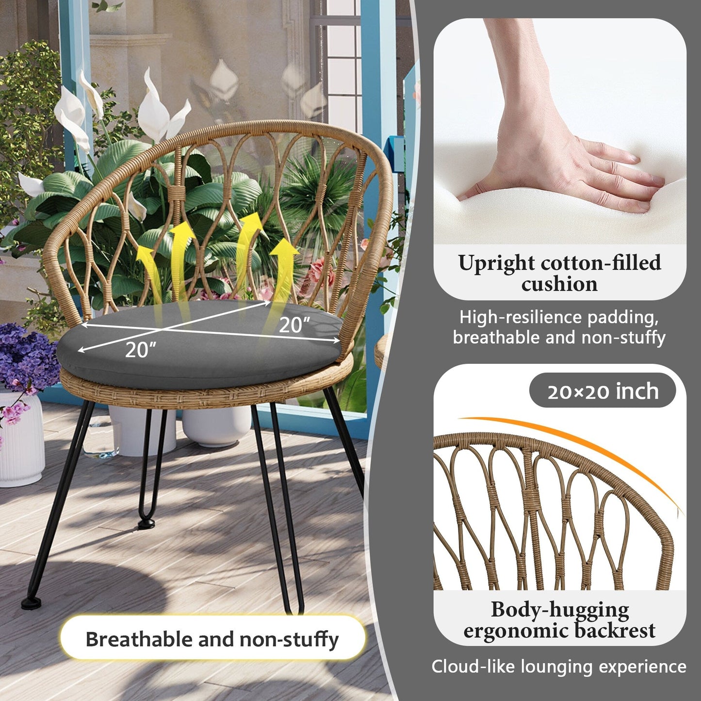 3-Piece Outdoor Patio Rattan Conversation Leisure Chairs Set with 2 Chair and Glass Coffee Table