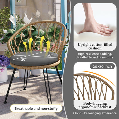 3-Piece Outdoor Patio Rattan Conversation Leisure Chairs Set with 2 Chair and Glass Coffee Table