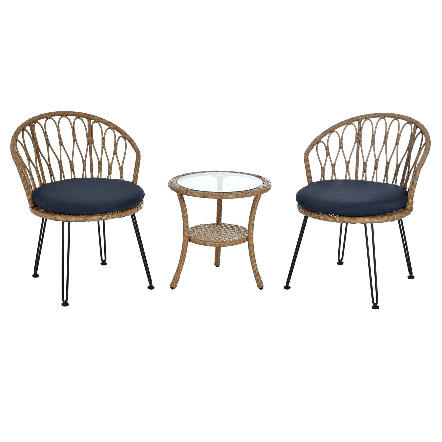 3-Piece Outdoor Patio Rattan Conversation Leisure Chairs Set with 2 Chair and Glass Coffee Table