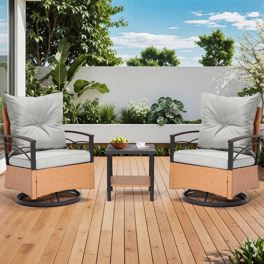 3-Piece Outdoor Rocking/Swivel Chair Set - PE Rattan Patio Furniture with Cushions & Coffee Table, Rocker Chairs for Backyard