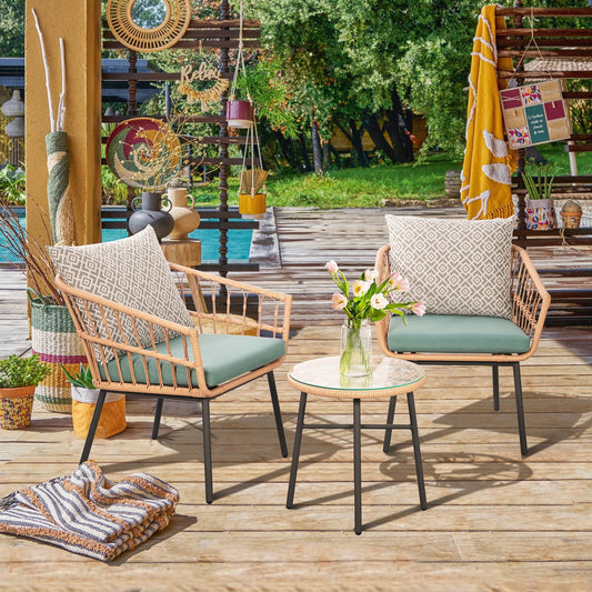 3-Piece Outdoor Wicker Bistro Set with Cushions