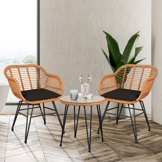 3 Piece Outdoor Wicker Furniture Patio Bistro Set With Cushions for Porch Poolside Garden - 21.2L x 23.6W x 31.5H