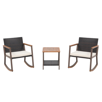 3-Piece Outdoor Wicker Rocking Chair Set with Cushions