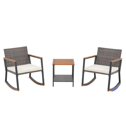 3-Piece Outdoor Wicker Rocking Chair Set with Cushions