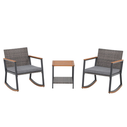 3-Piece Outdoor Wicker Rocking Chair Set with Cushions