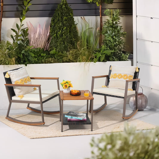 3-Piece Outdoor Wicker Rocking Chair Set with Cushions