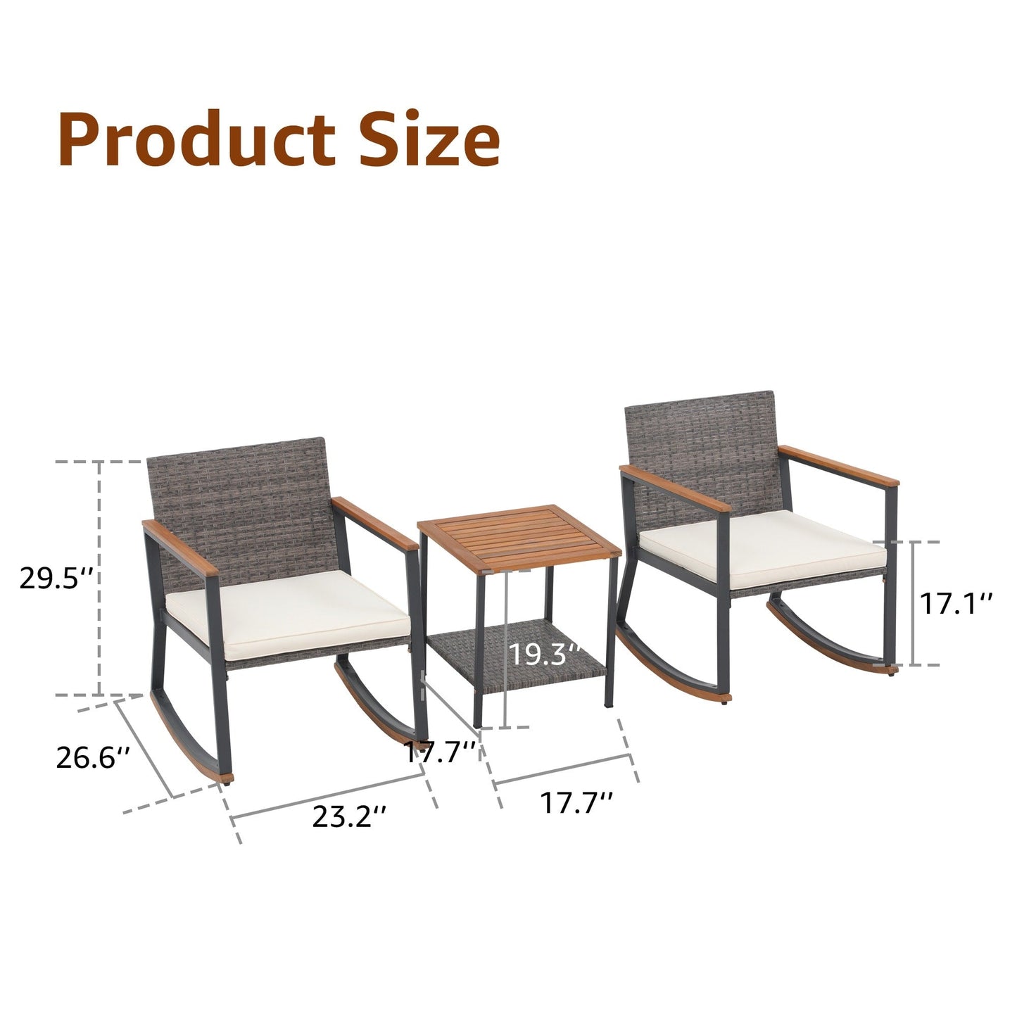 3-Piece Outdoor Wicker Rocking Chair Set with Cushions