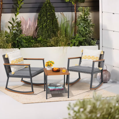 3-Piece Outdoor Wicker Rocking Chair Set with Cushions