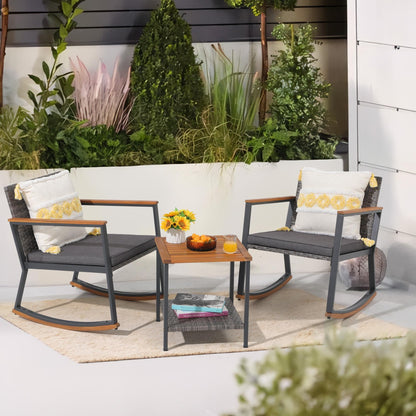 3-Piece Outdoor Wicker Rocking Chair Set with Cushions