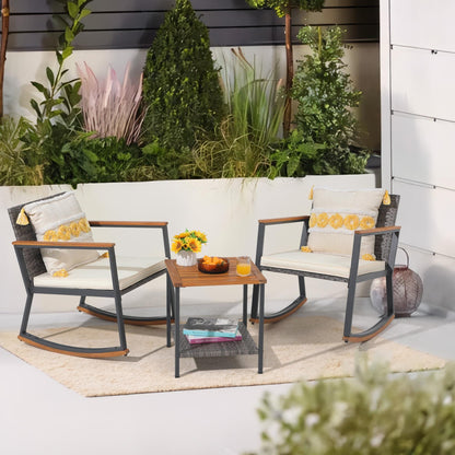 3-Piece Outdoor Wicker Rocking Chair Set with Cushions