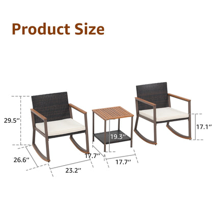 3-Piece Outdoor Wicker Rocking Chair Set with Cushions