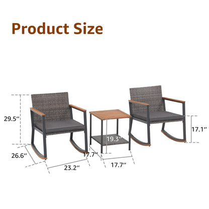 3-Piece Outdoor Wicker Rocking Chair Set with Cushions