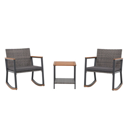 3-Piece Outdoor Wicker Rocking Chair Set with Cushions