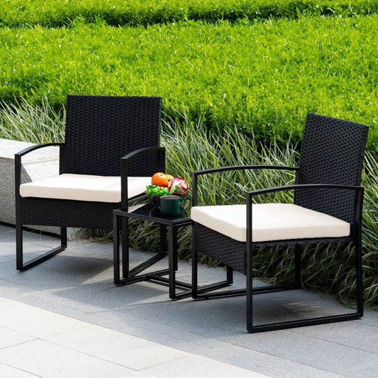 3 Piece Patio Bistro Set Outdoor Furniture Set with Glass Table, Rattan Conversation Sets for Porch Garden Balcony
