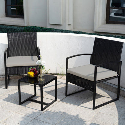 3 Piece Patio Bistro Set Outdoor Furniture Set with Glass Table, Rattan Conversation Sets for Porch Garden Balcony
