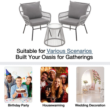 3-Piece Patio Conversation Bistro Set, Outdoor Rattan Furniture Set with Glass Table & 2 Wide Armchairs, Seat Cushions