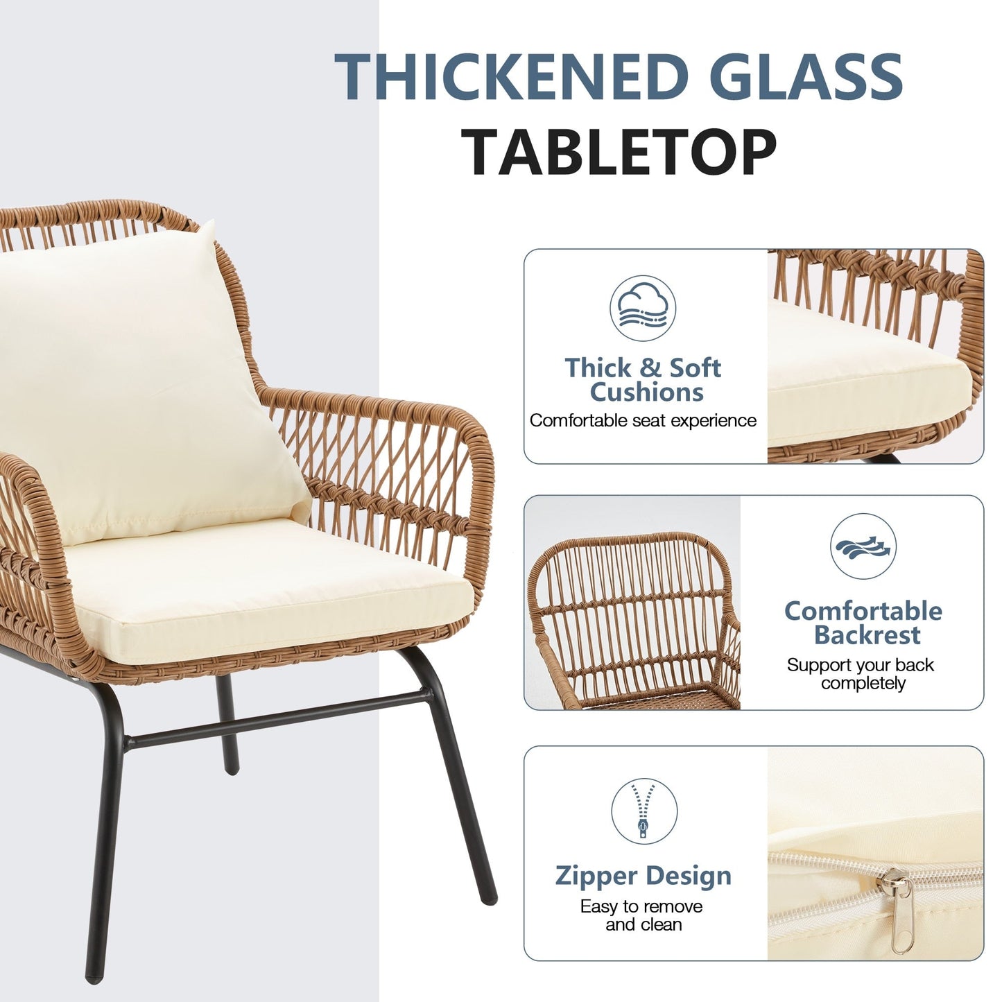 3-Piece Patio Conversation Bistro Set, Outdoor Rattan Furniture Set with Glass Table & 2 Wide Armchairs, Seat Cushions