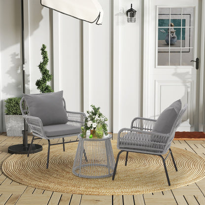 3-Piece Patio Conversation Bistro Set, Outdoor Rattan Furniture Set with Glass Table & 2 Wide Armchairs, Seat Cushions