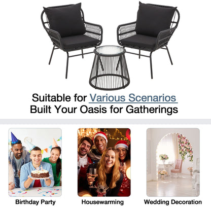 3-Piece Patio Conversation Bistro Set, Outdoor Rattan Furniture Set with Glass Table & 2 Wide Armchairs, Seat Cushions