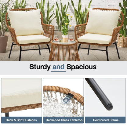 3-Piece Patio Conversation Bistro Set, Outdoor Rattan Furniture Set with Glass Table & 2 Wide Armchairs, Seat Cushions