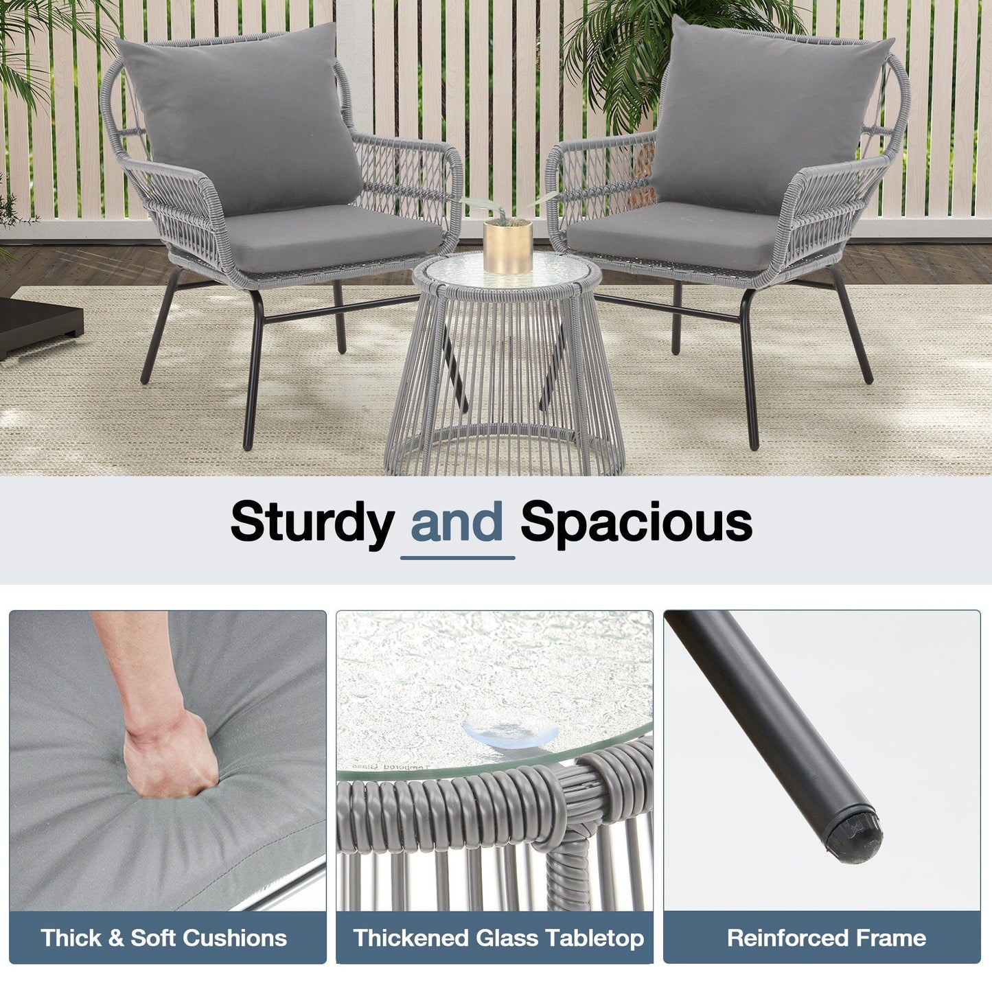 3-Piece Patio Conversation Bistro Set, Outdoor Rattan Furniture Set with Glass Table & 2 Wide Armchairs, Seat Cushions