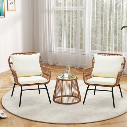 3-Piece Patio Conversation Bistro Set, Outdoor Rattan Furniture Set with Glass Table & 2 Wide Armchairs, Seat Cushions